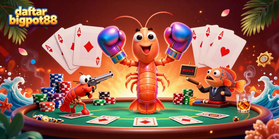 Engage with daftar bigpot88 at the vibrant poker scene, featuring iconic shrimp characters and colorful chips.