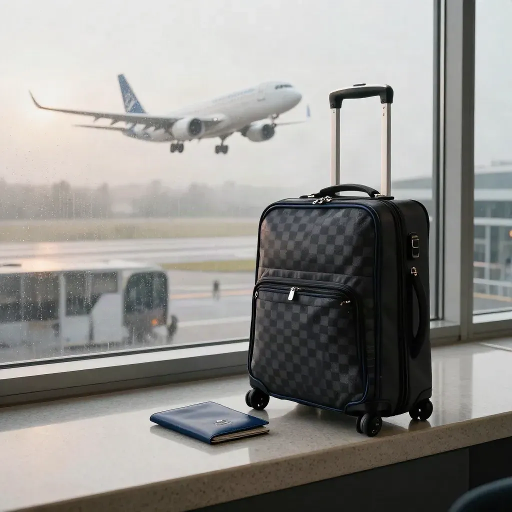 Carry-on and passport sleeve by an airport window as a jet lifts off in morning haze.