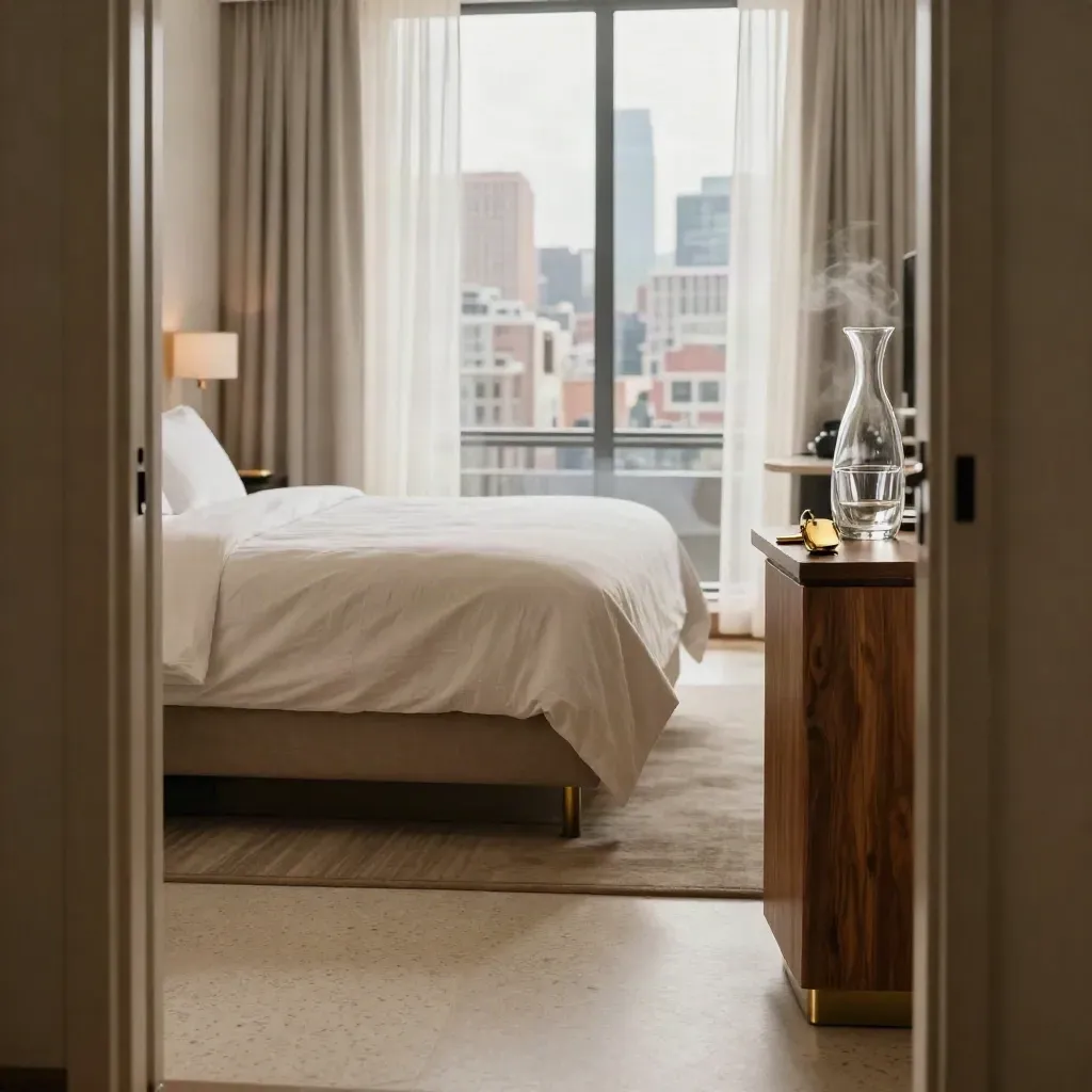 Prepared hotel room with bedding, brass key fob, carafe, and city view