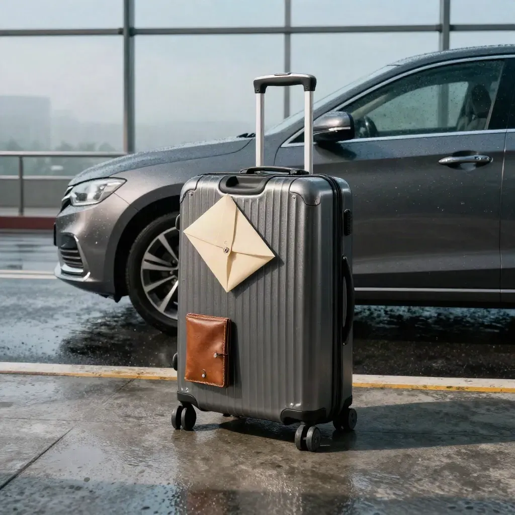 Carry-on, passport wallet, hotel envelope packet and sedan on a wet terminal curb after rain.