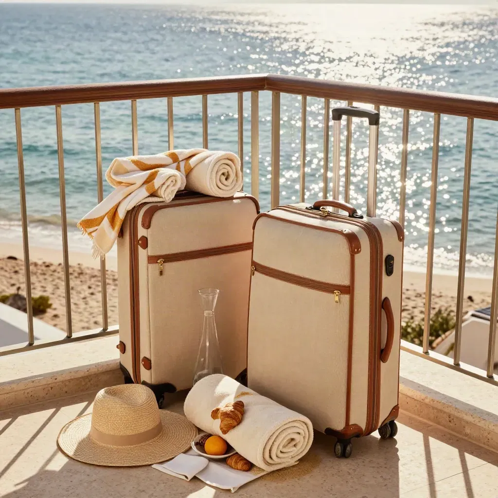 Resort balcony with packed suitcases, beach towels, straw hat and breakfast tray by the sea.