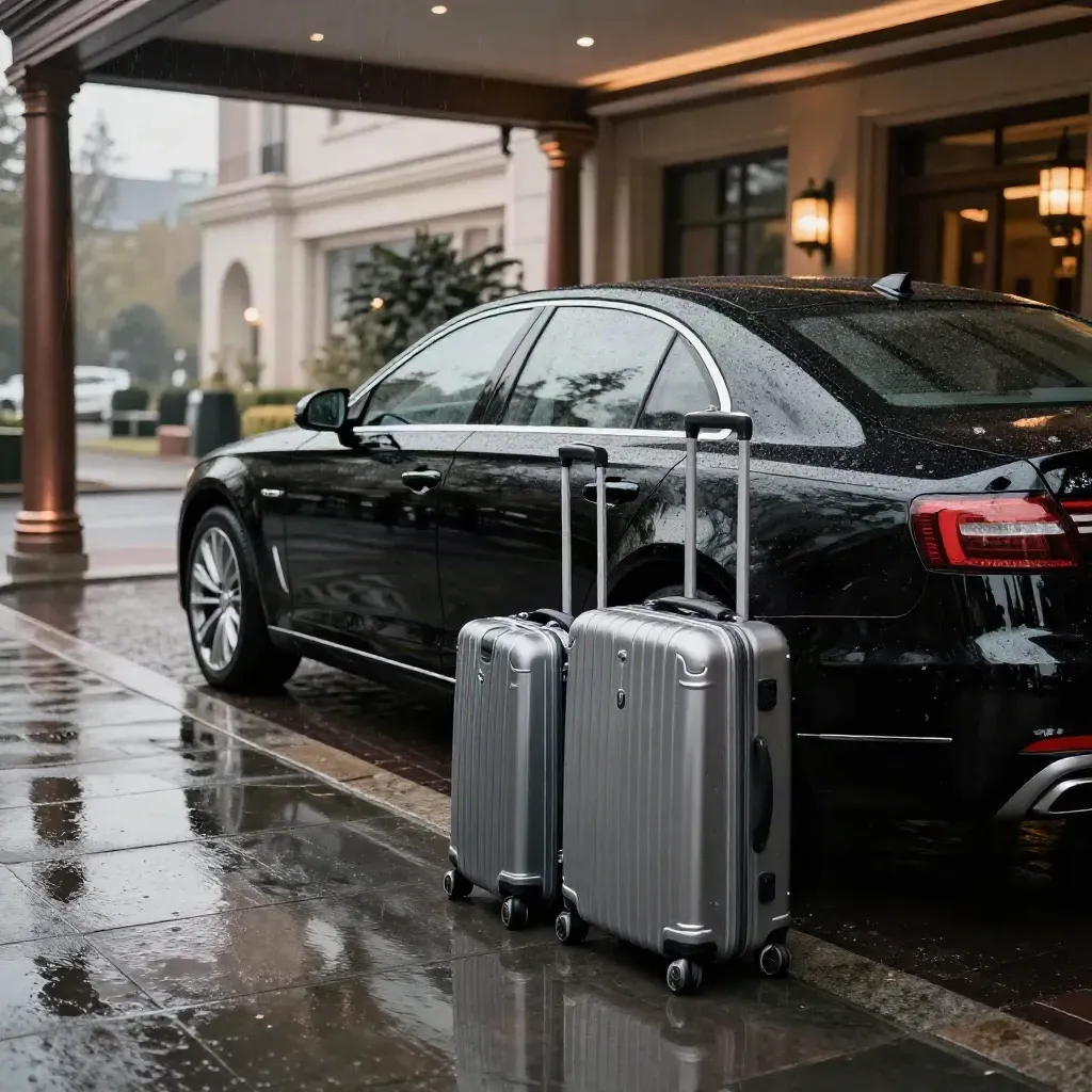 Glossy black sedan at hotel portico with two silver suitcases on wet stone