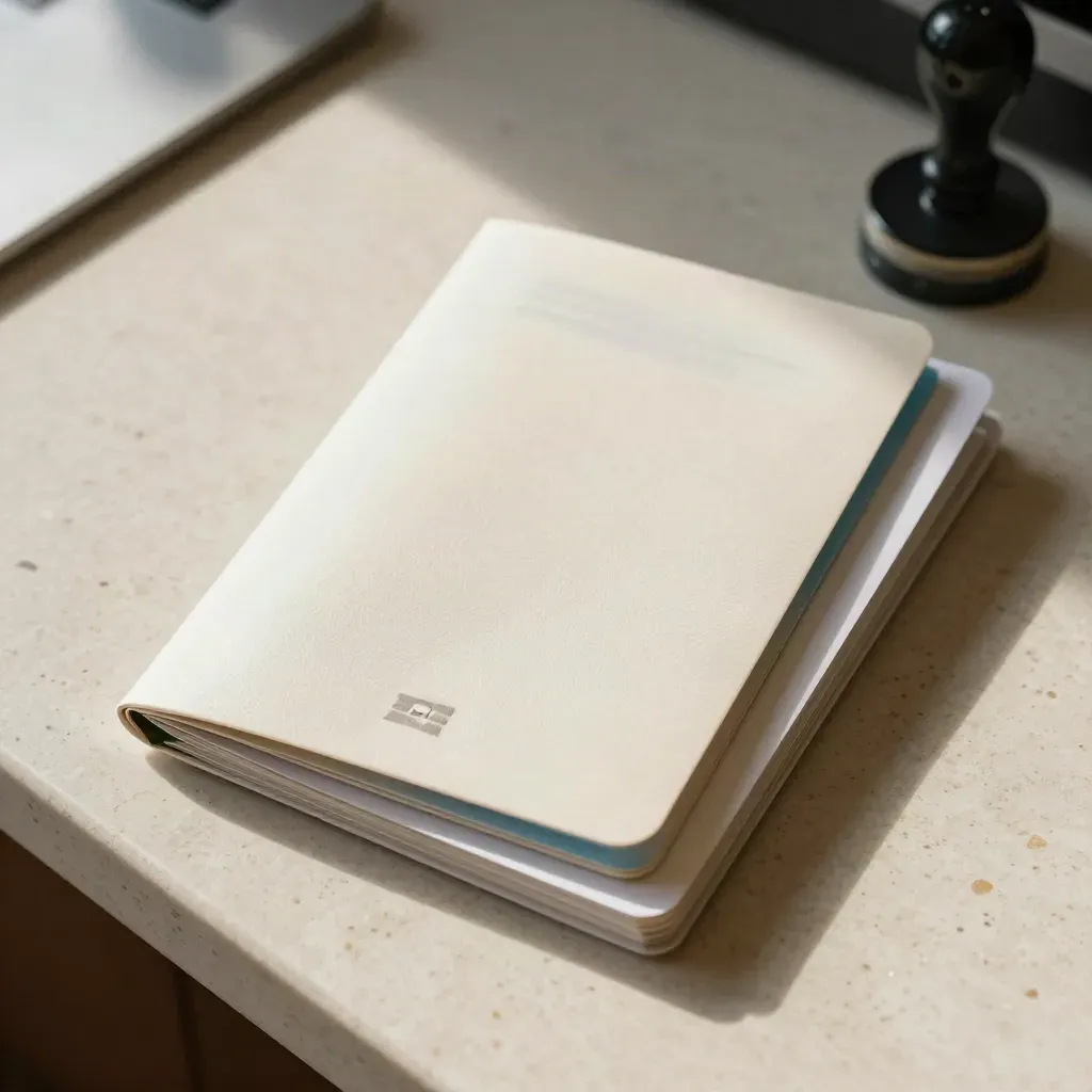 Visa documents, passport cover, stamp, and appointment packet on a travertine counter.