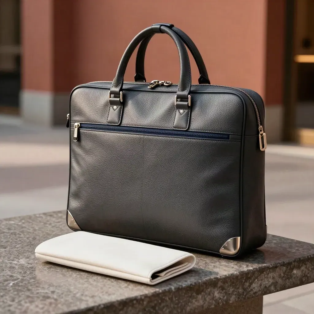 Corporate travel kit with briefcase, garment bag, carry-on and hotel sleeve in a hotel corridor.