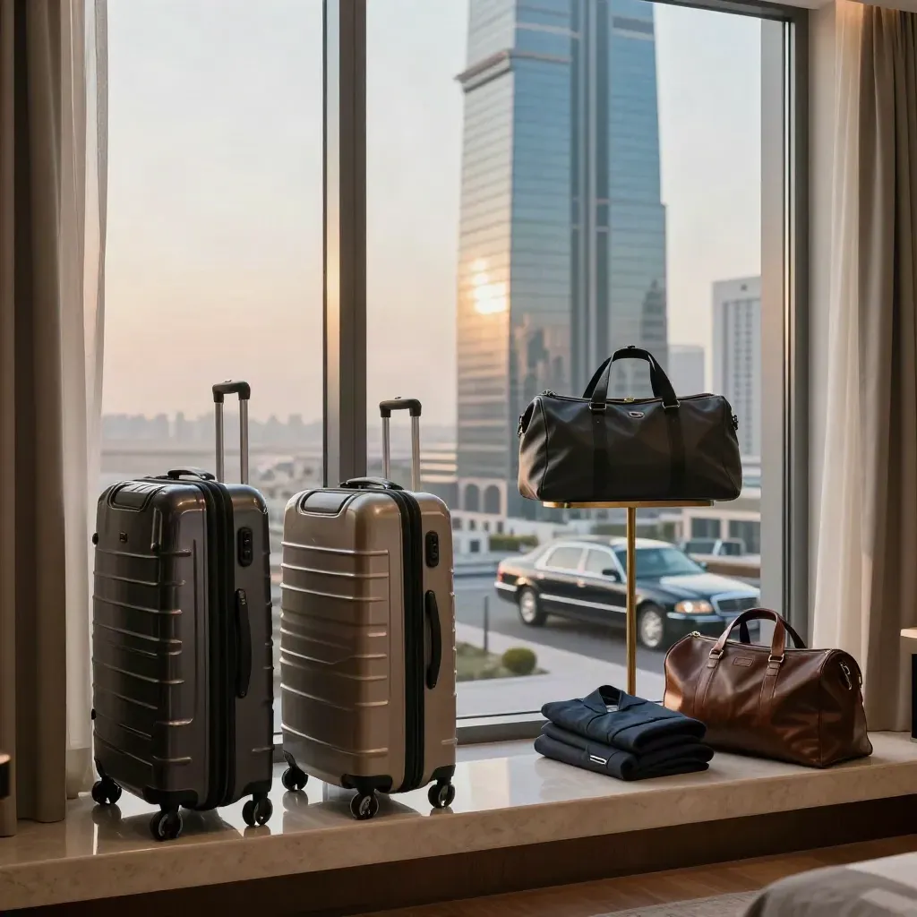 Hotel suite luggage by a Dubai window, with a limo below and skyline reflections.