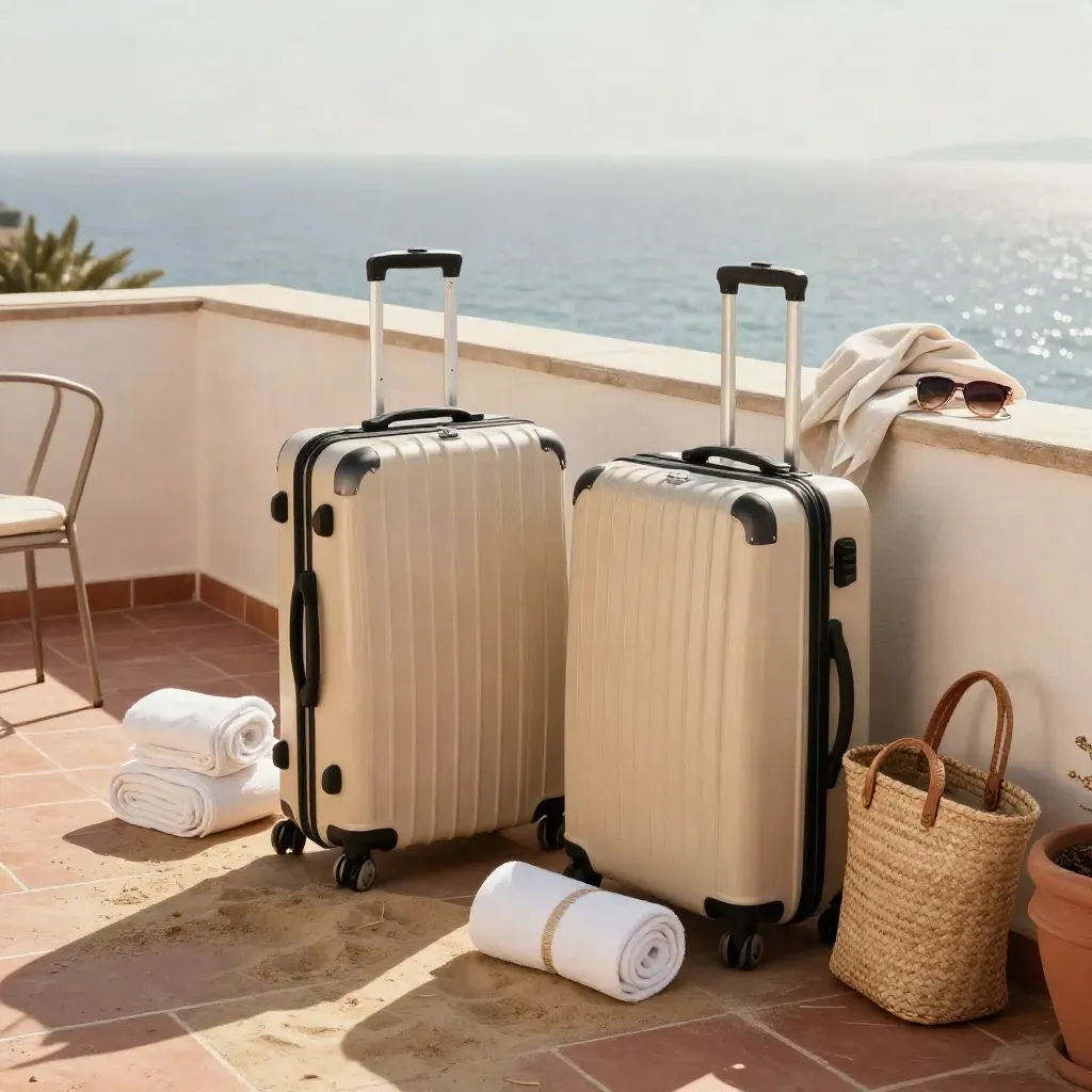 Two suitcases, towels and a beach tote on a sea-facing Malaga terrace, departure ready.