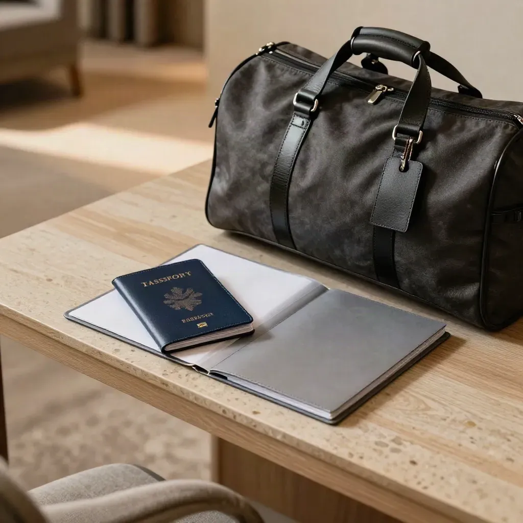 Visa documents and travel kit ready beside a hotel desk in warm light.