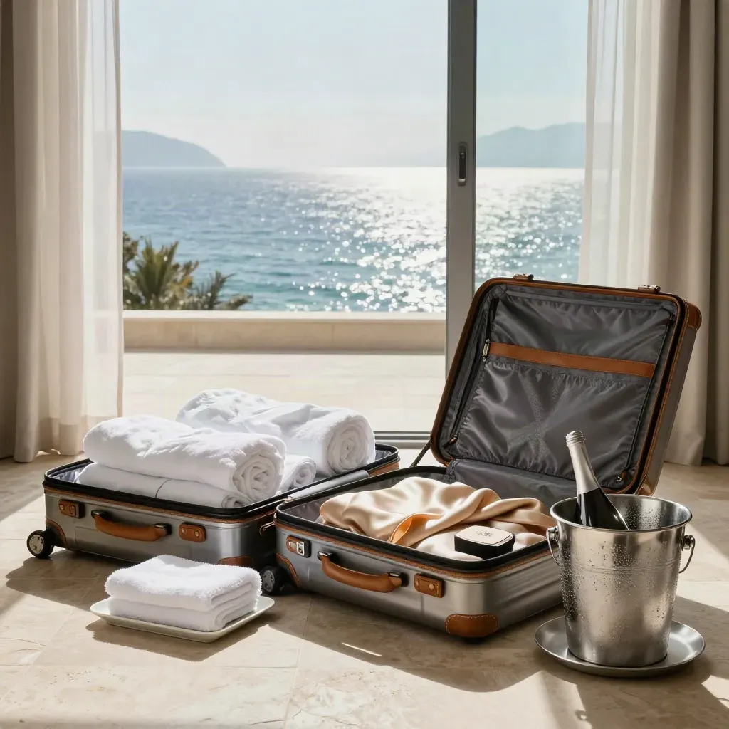 Ocean-view suite with open suitcases, folded linens, and a chilled bottle bucket by mountain light.