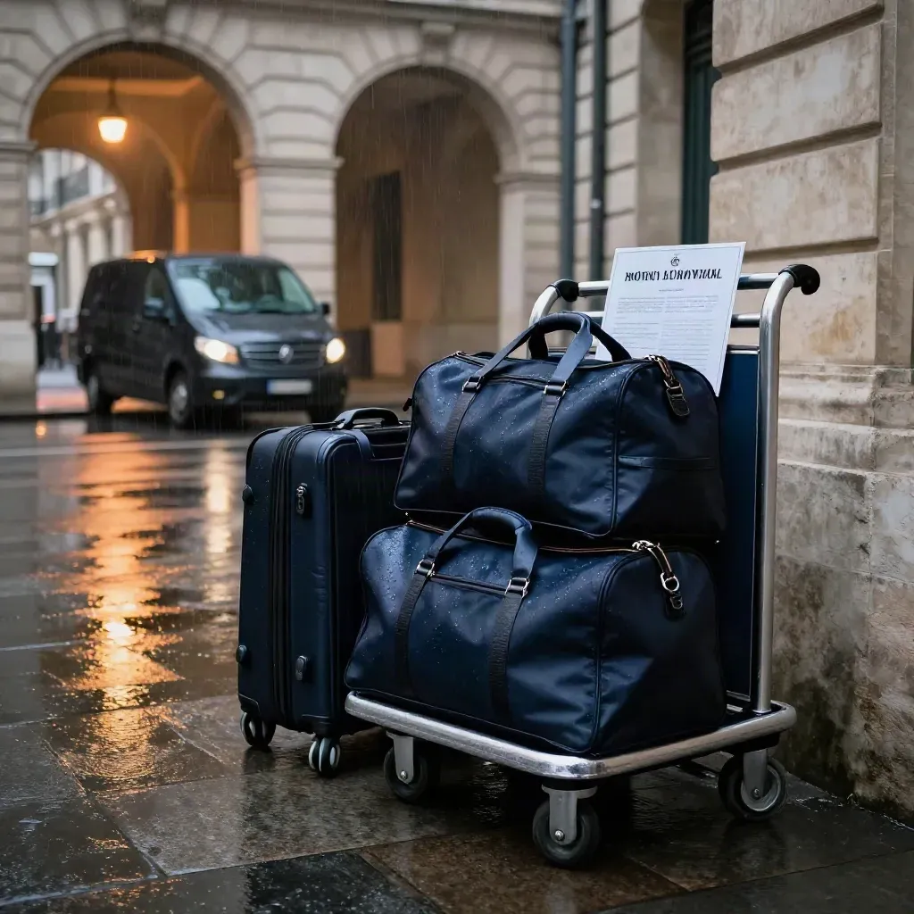 Paris hotel loading bay with luggage ready beside a transfer van under stone arches