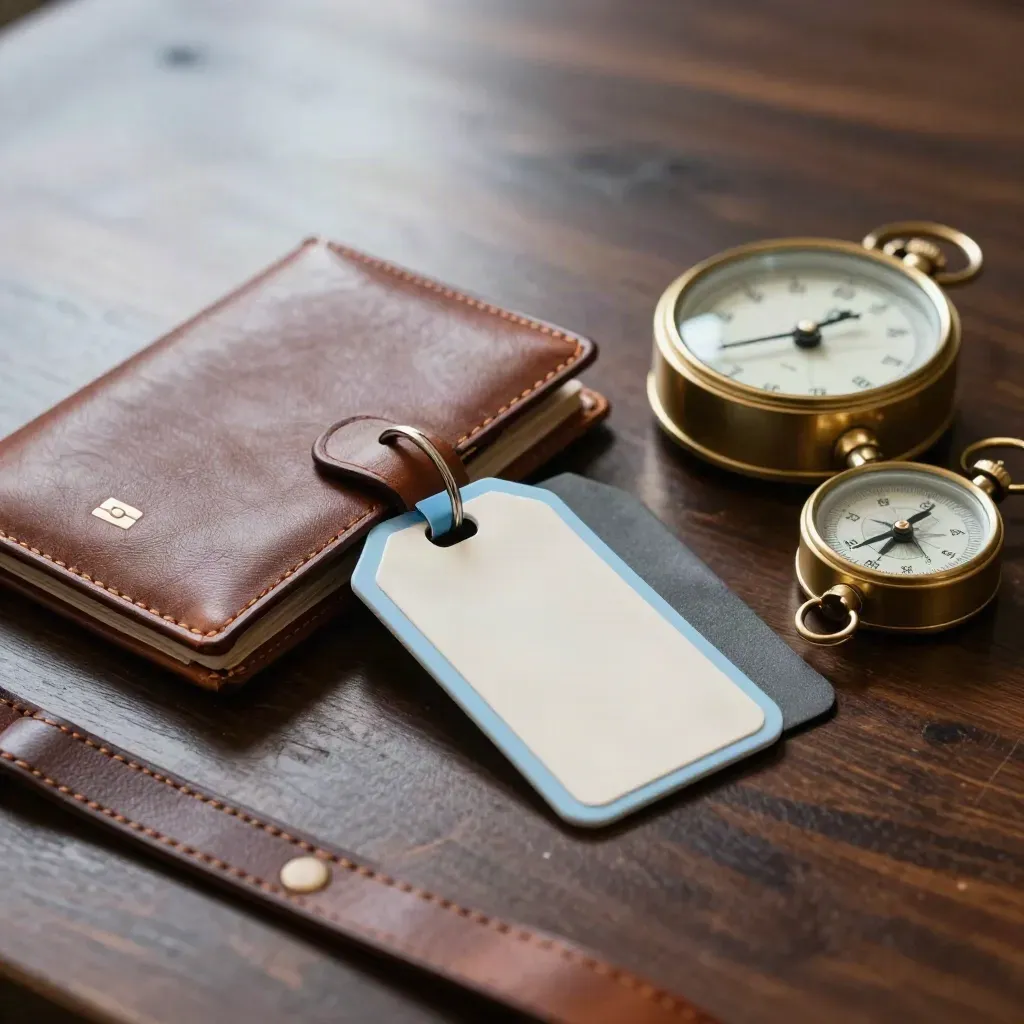 Passport wallet, luggage tags, brass clock and navigation dial on walnut for travel planning.