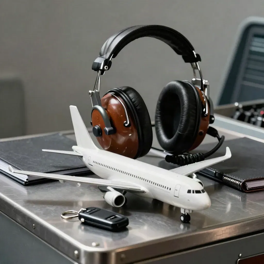 Pilot headset, model aircraft, gate fob and ops binder on brushed metal under dramatic studio light.