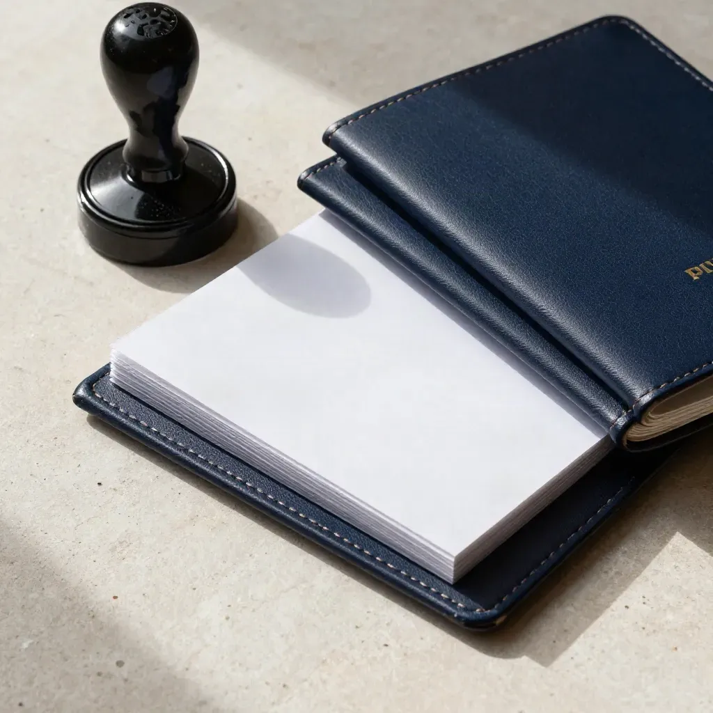 Visa review tools on pale stone: passport covers, stamp pad, clips and photo sleeves.