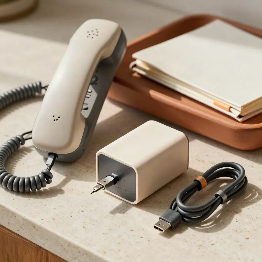Macro travel-support desk kit with phone, adapter set, cables, and closed notebook.