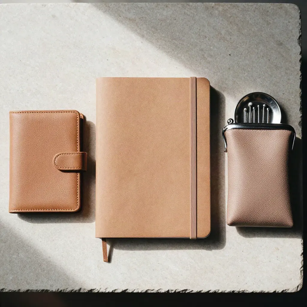 Top-down travel still-life with notebook, passport wallet, coin purse and silver pin tray.