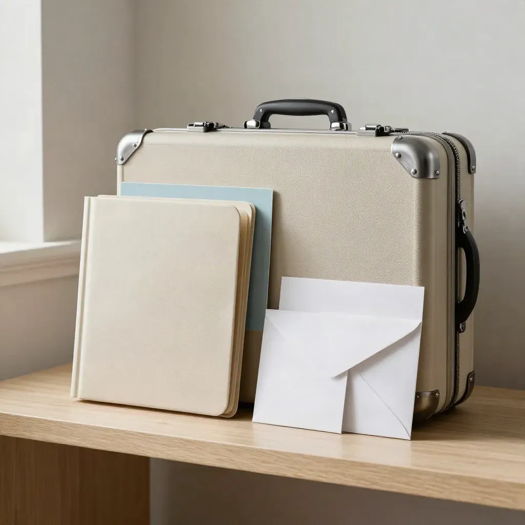 Cream folders, a mini suitcase, and blank envelope sleeves on a brushed wood shelf with soft side light.