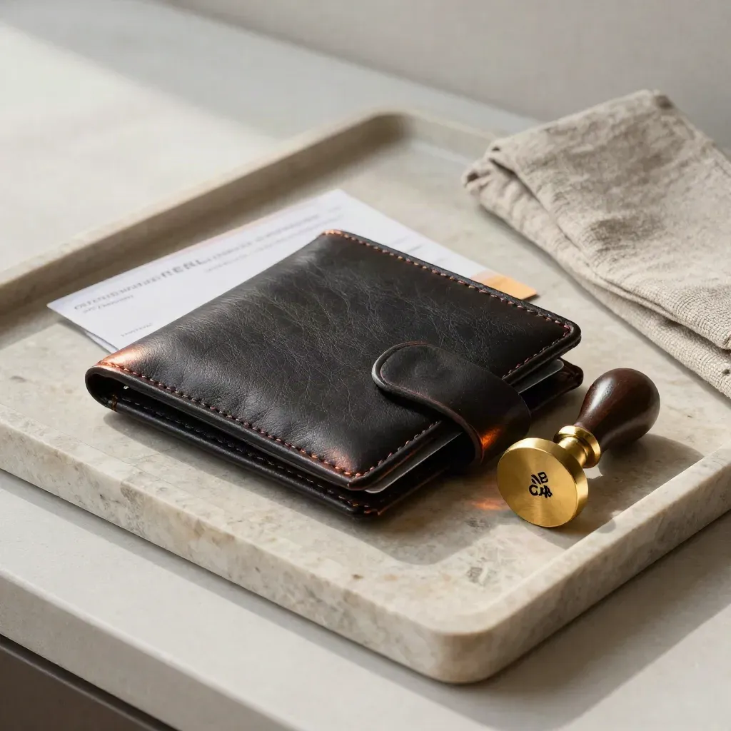 Black payment card, leather wallet, booking envelope and brass stamp on a stone tray.