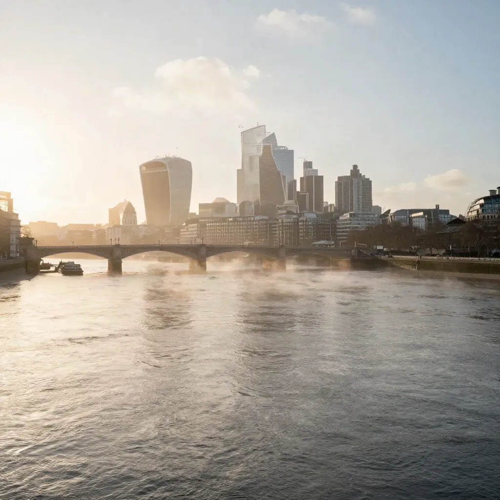 London skyline over the Thames in sunrise mist, bridge silhouette high in frame