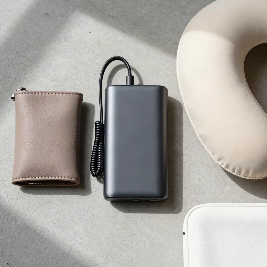 Travel backup kit with power bank, charger coil, key pouch and neck pillow on pale concrete.