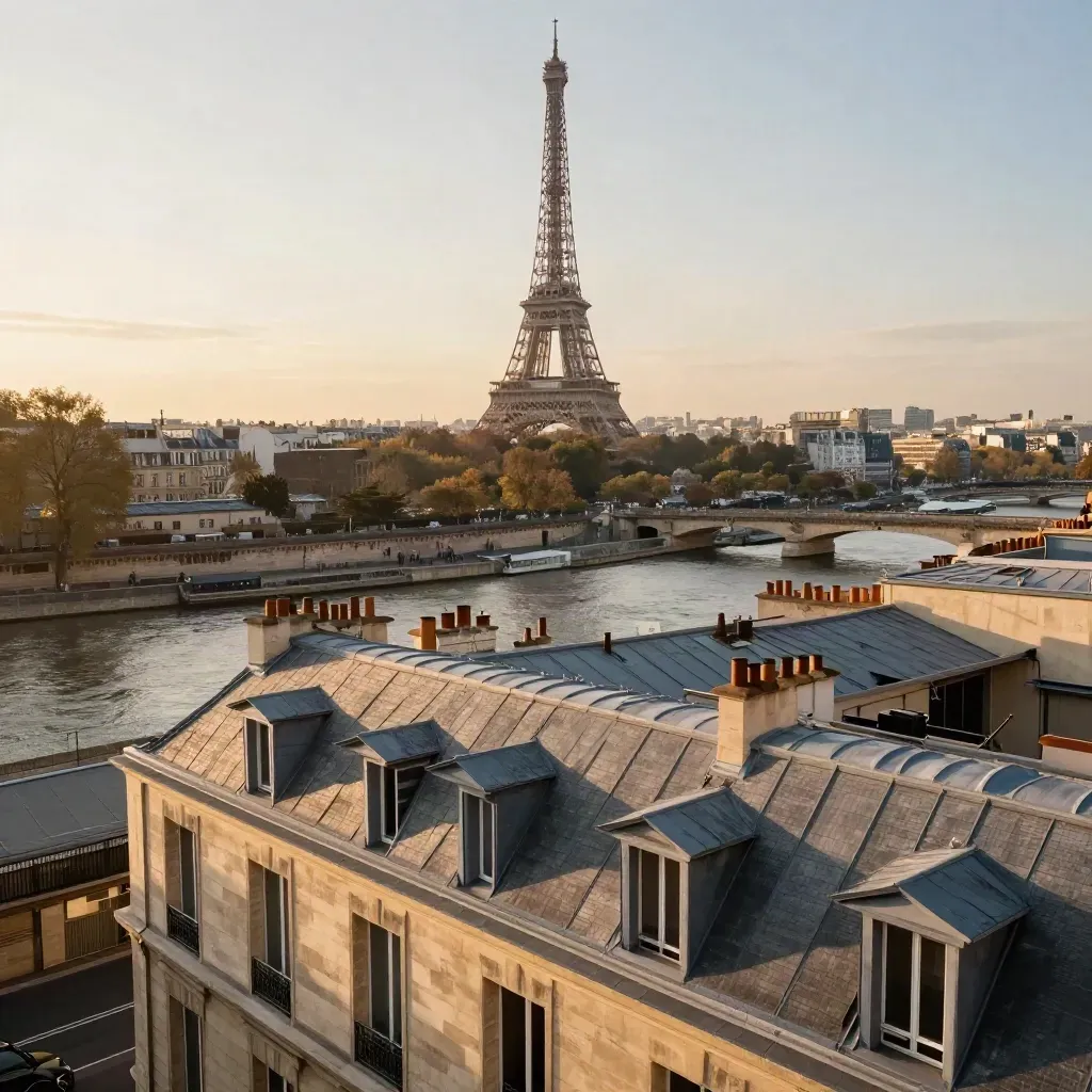 Golden-hour Paris rooftops with the Eiffel Tower high above a calm Seine embankment.