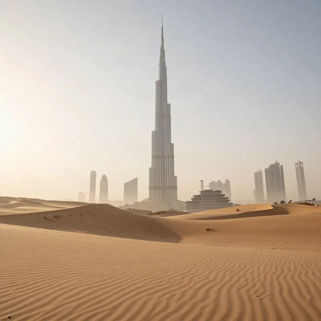 Burj Khalifa rises above hazy desert sand with calm open foreground at late-day light
