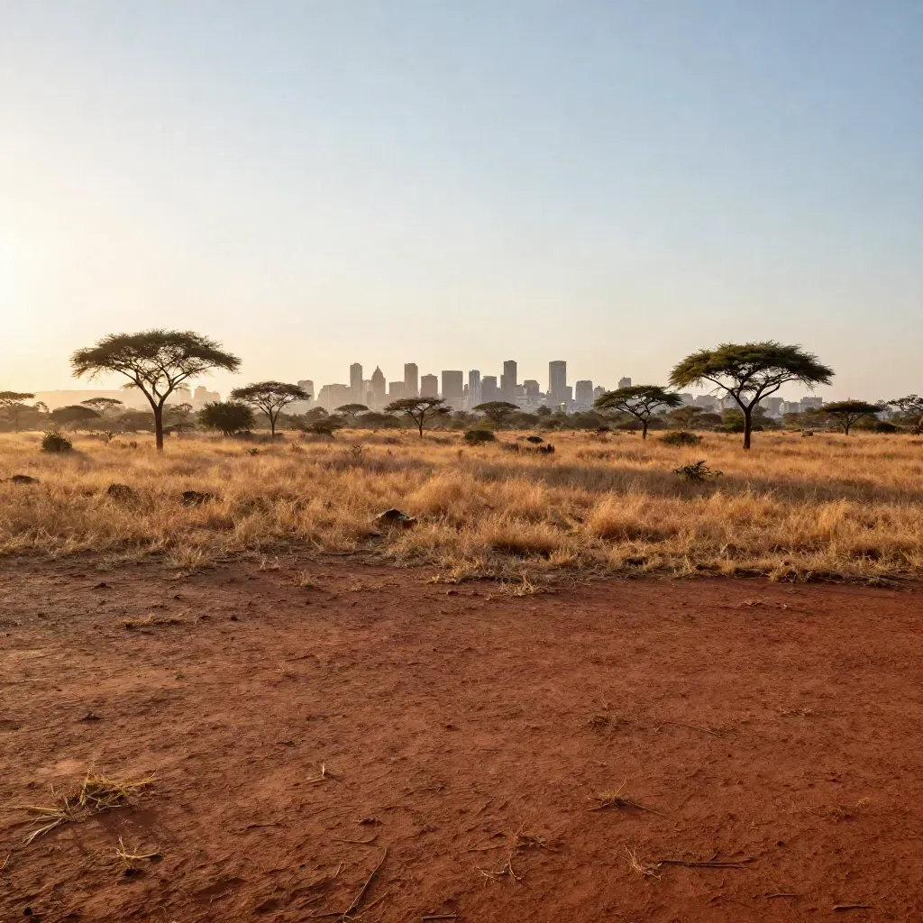 Sunrise over acacia savannah with a distant city skyline and calm earth foreground.