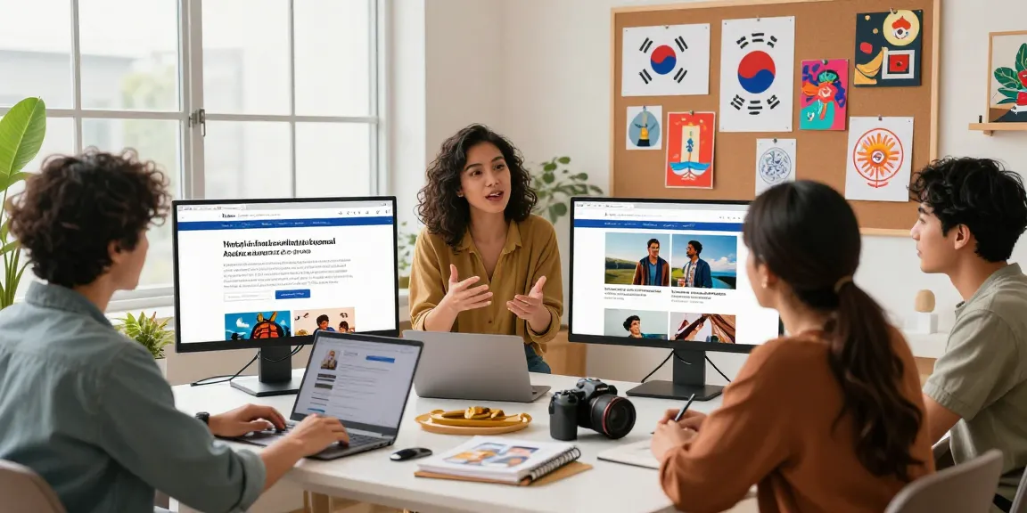 Diverse team brainstorming cultural content, featuring https://hanadultalk.com for Hispanic audiences.