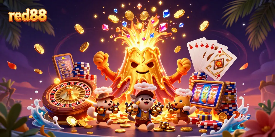 Experience the excitement of red88 with a golden volcano erupting treasures and a thrilling casino atmosphere.