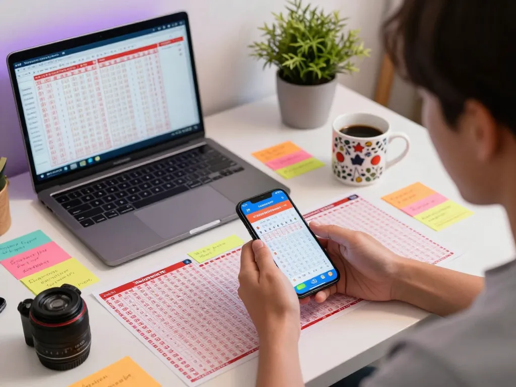 Engaging scene of a player checking Pengeluaran HK lottery results on a laptop, surrounded by lottery tickets and gaming strategies.