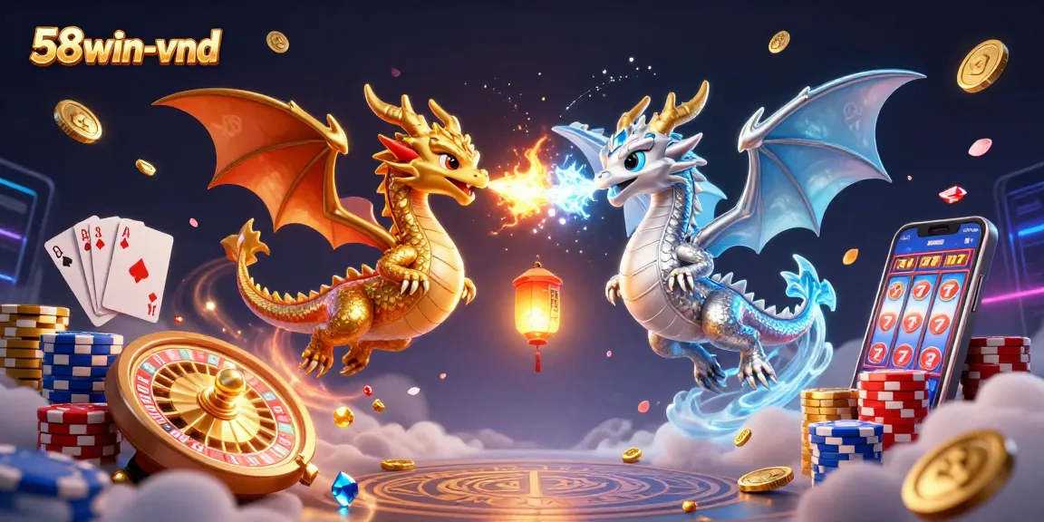 Engage with 58win-vnd's thrilling casino experience featuring dynamic dragons, spinning roulette, and vibrant winning elements.