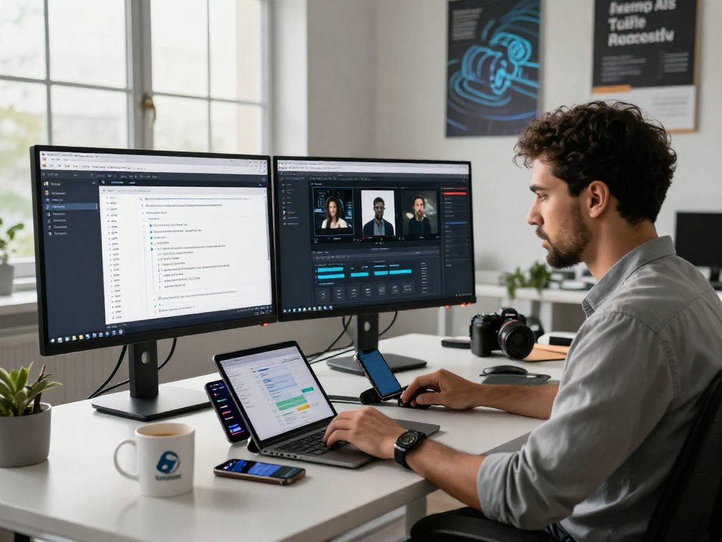 AI image detector in a modern workspace with dual monitors analyzing content moderation data.