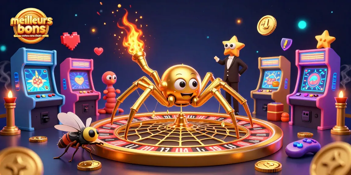 Découvrez les meilleurs bonus casino sans dépôt avec une araignée dorée et un croupier centipède dans un décor de jeu vibrant.