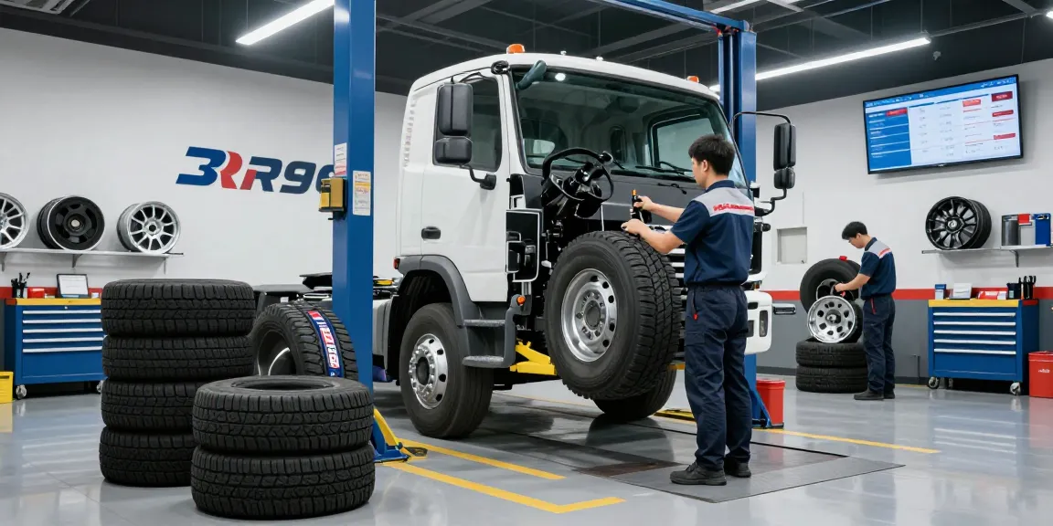 Technician installing RR99 tires on a commercial truck in a professional automotive service center.