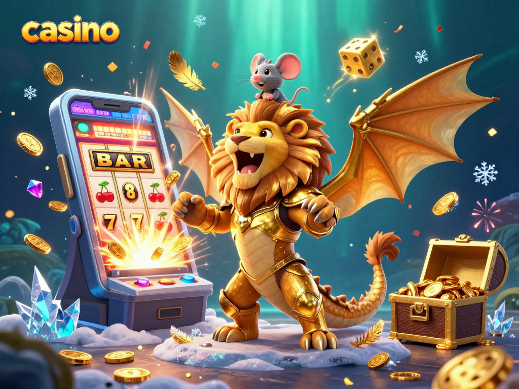 Casino-themed illustration showcasing a roaring chimera with a mouse jockey amidst slot machines, coins, and light bursts.