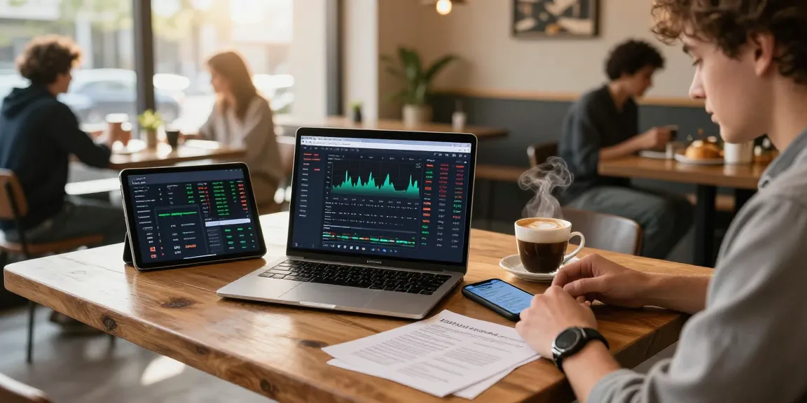 Cricbet platform displayed on smartphone amidst dynamic crypto trading setup featuring charts, staking metrics, and coffee.