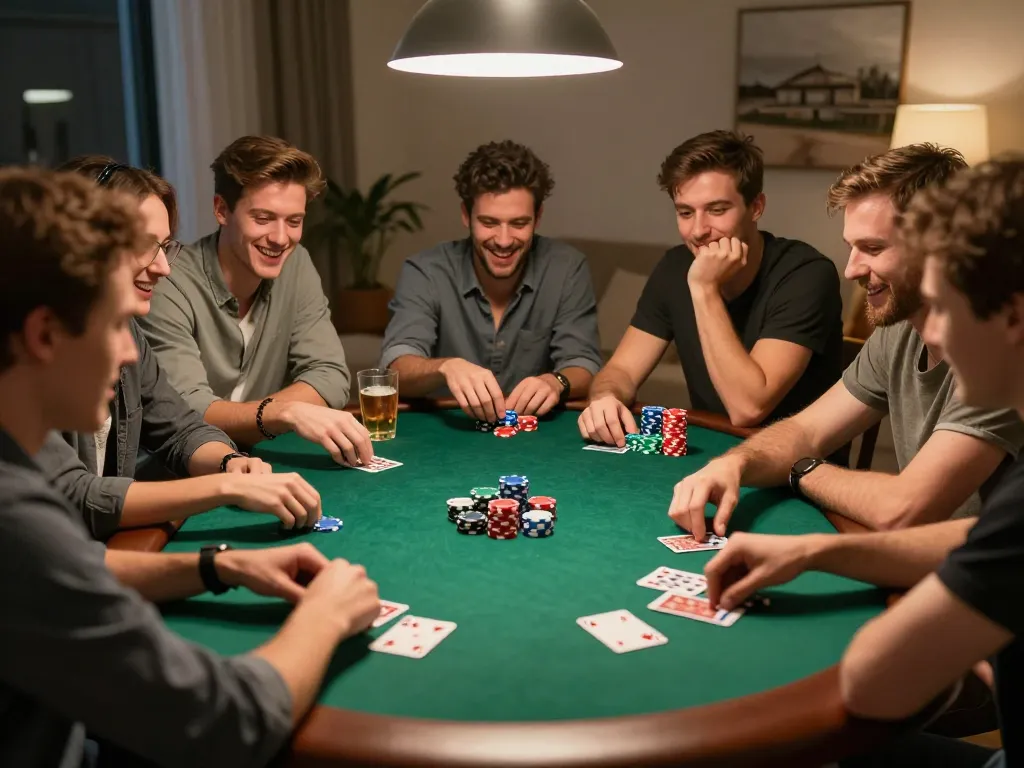Friends enjoying a lively poker night at home, placing bets and strategizing at the table, vaobet fun environment.