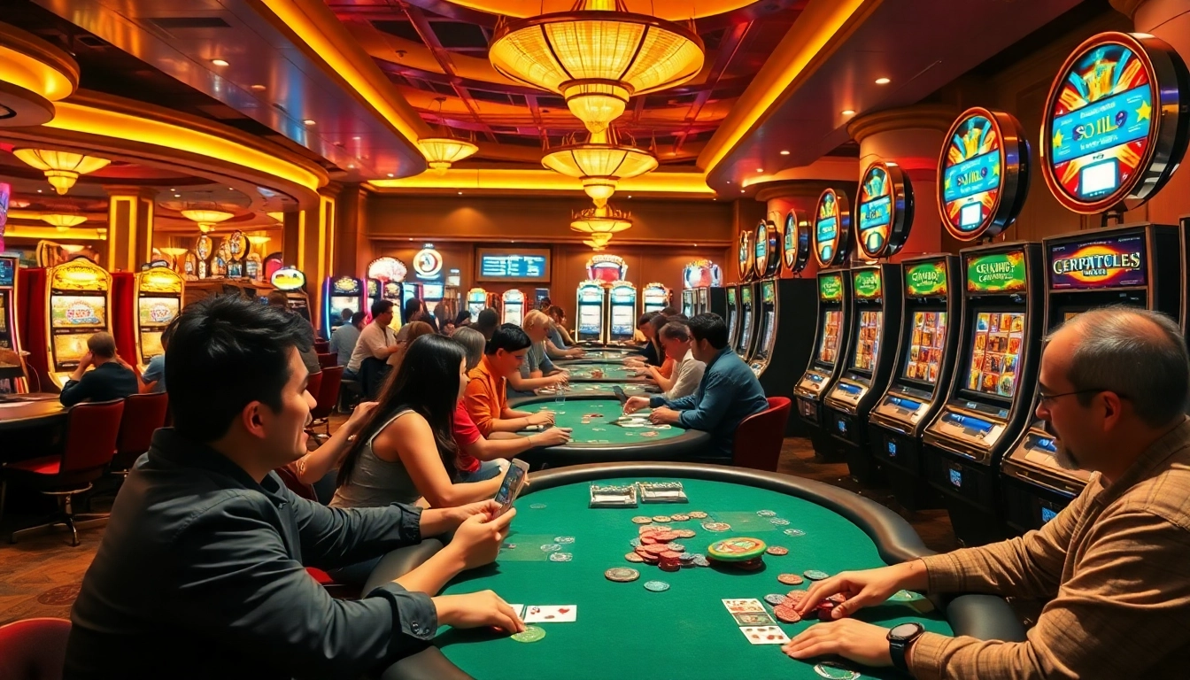 Engaging scene at a Non gamstop Casino Uk with players at card tables and lively slot machines.