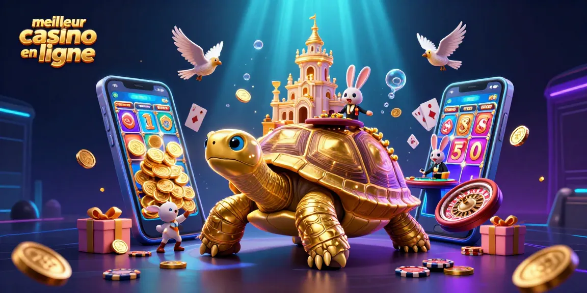 Découvrez le meilleur casino en ligne avec notre illustration 3D captivante d'une tortue géante et un croupier.