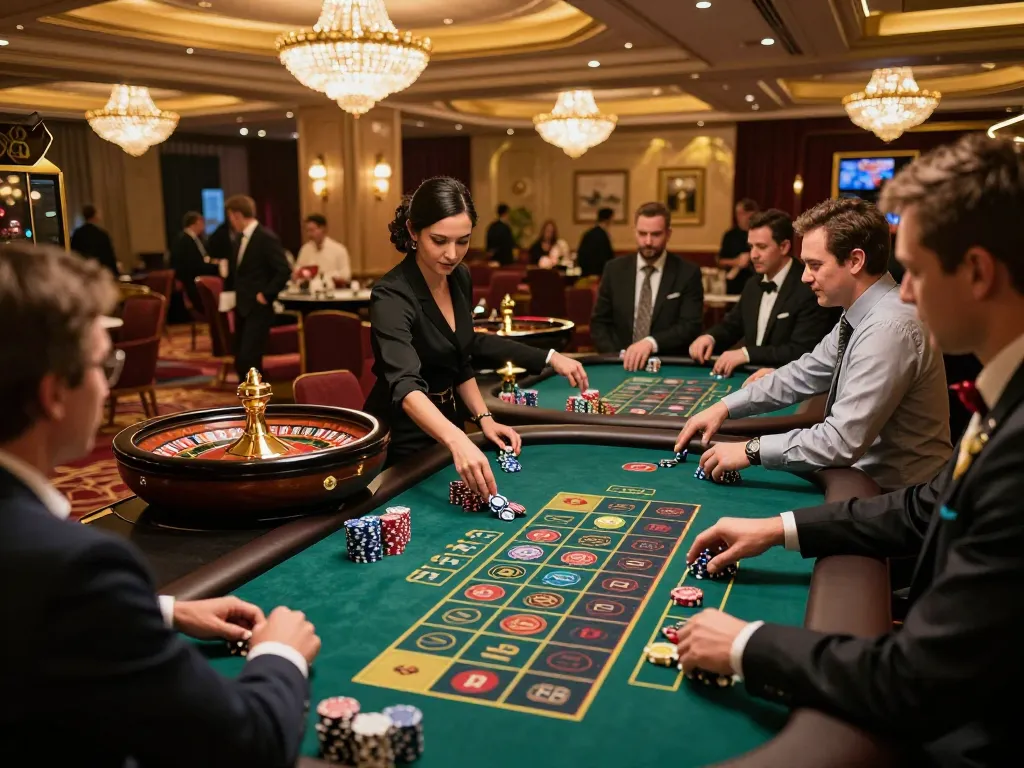 Engaged players betting at jun88bet roulette table amidst luxury casino ambiance.