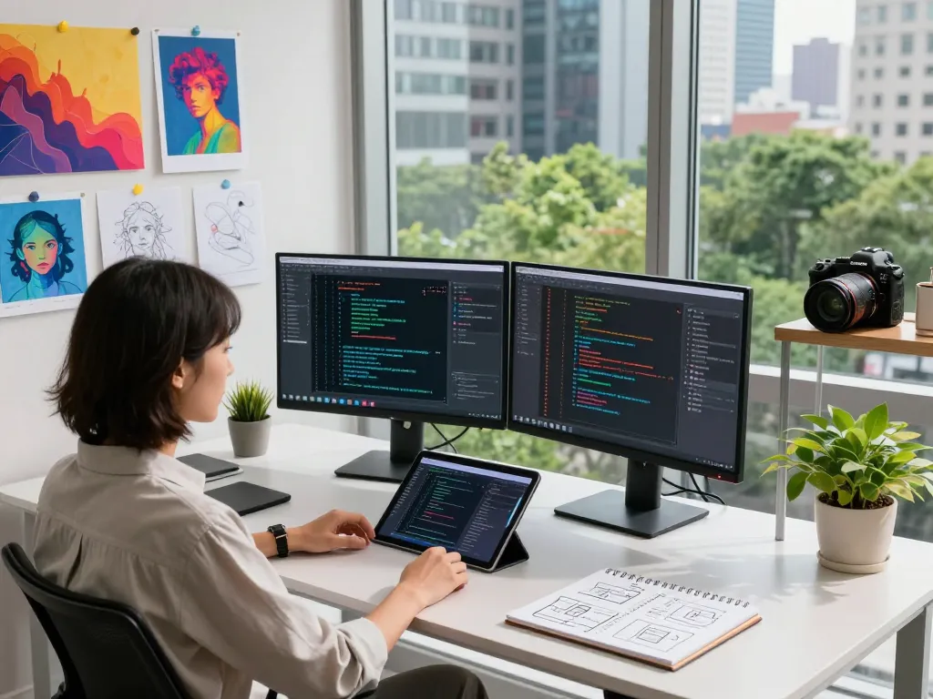 Image to prompt ai showcased in a dynamic tech workspace with designer analyzing AI image prompts.