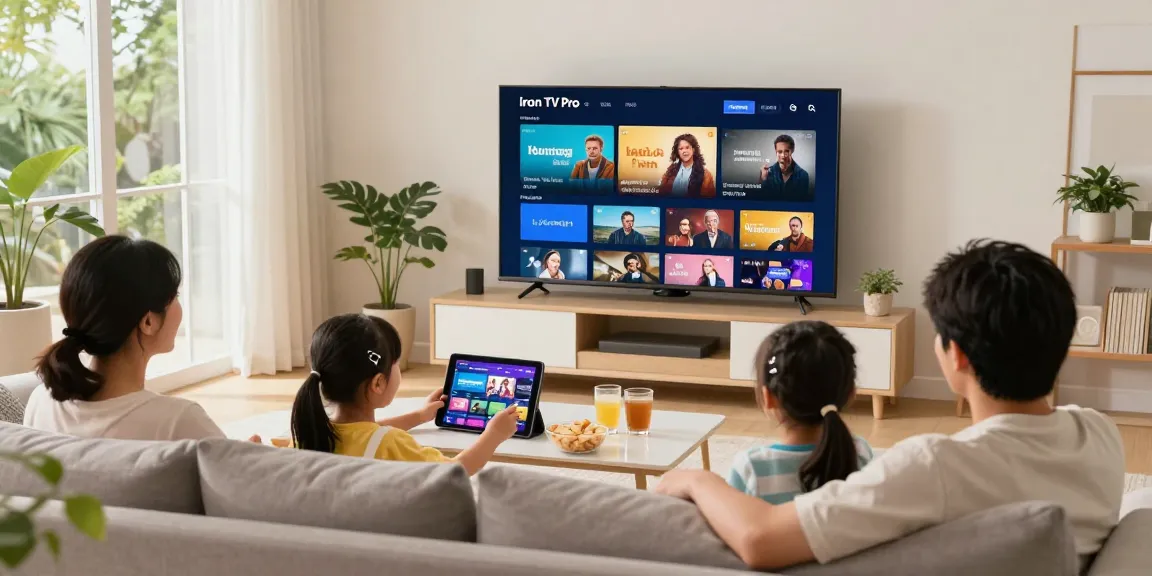 Family watching Iron TV Pro on a large screen in a cozy living room