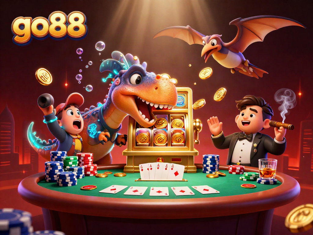 Engage in exciting gaming at go88 with a cartoon dinosaur winning jackpots from a slot machine