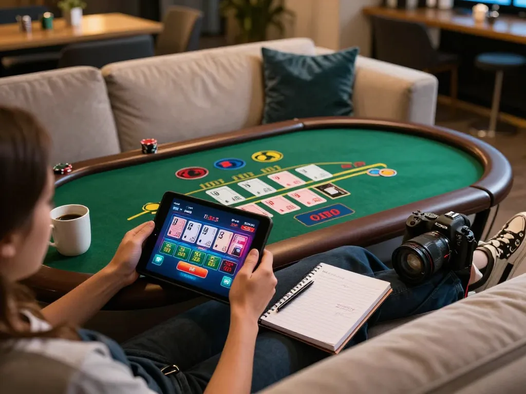 Player enjoying Onbet's online casino blackjack on tablet at home, showcasing engaged gaming experience
