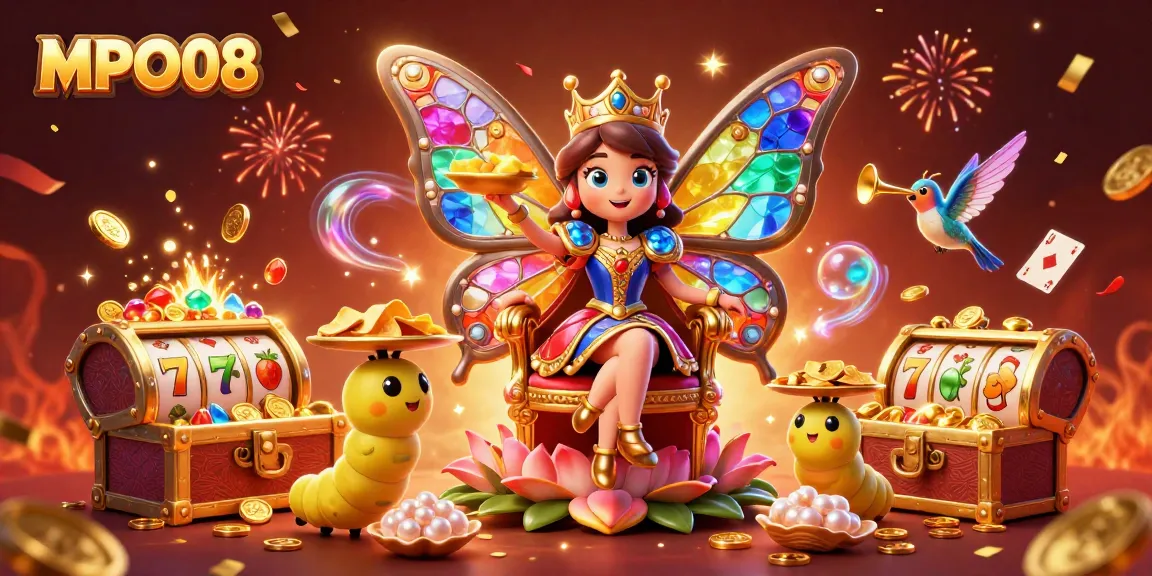 MPO08 presents a colorful 3D scene with butterfly queen among casino elements like slot reels and coins.