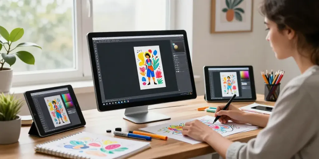Learn how to use an AI illustration generator in a creative workspace with a designer at work.