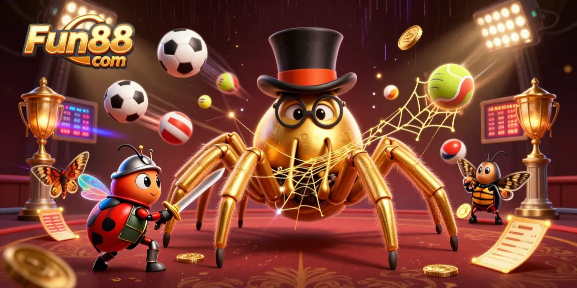 Engage with Fun88 com through a vibrant 3D illustration showcasing dynamic sports betting elements.