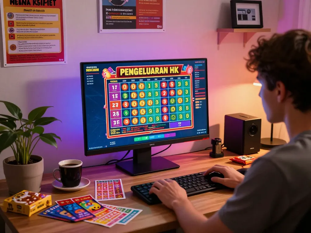Pengeluaran HK results displayed on a lottery player's computer screen with snacks and lottery tickets nearby.