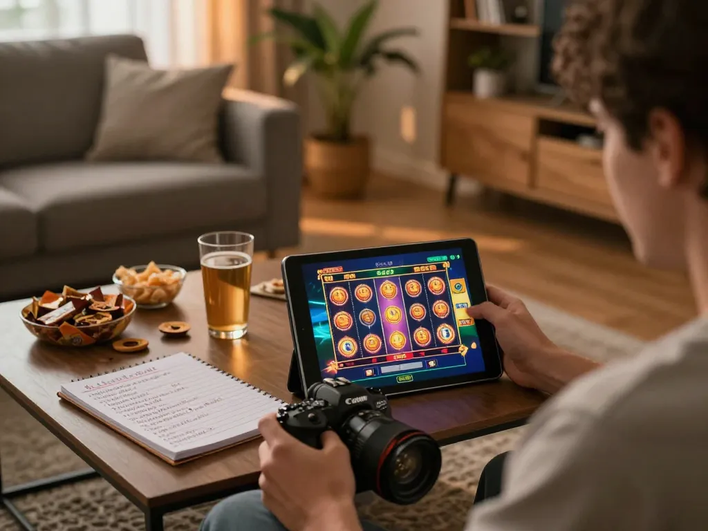 Engaging in online slot depo 3k gameplay on a cozy tablet in a warm living room.