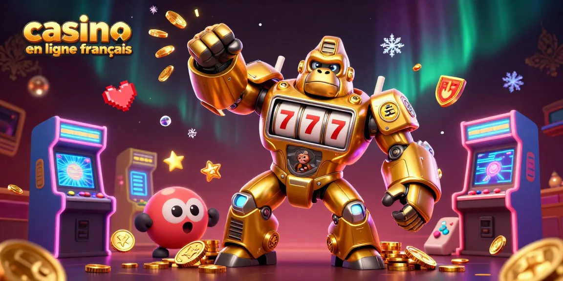 Jouez maintenant sur casino en ligne français avec des machines à sous et un gorille mech en action.