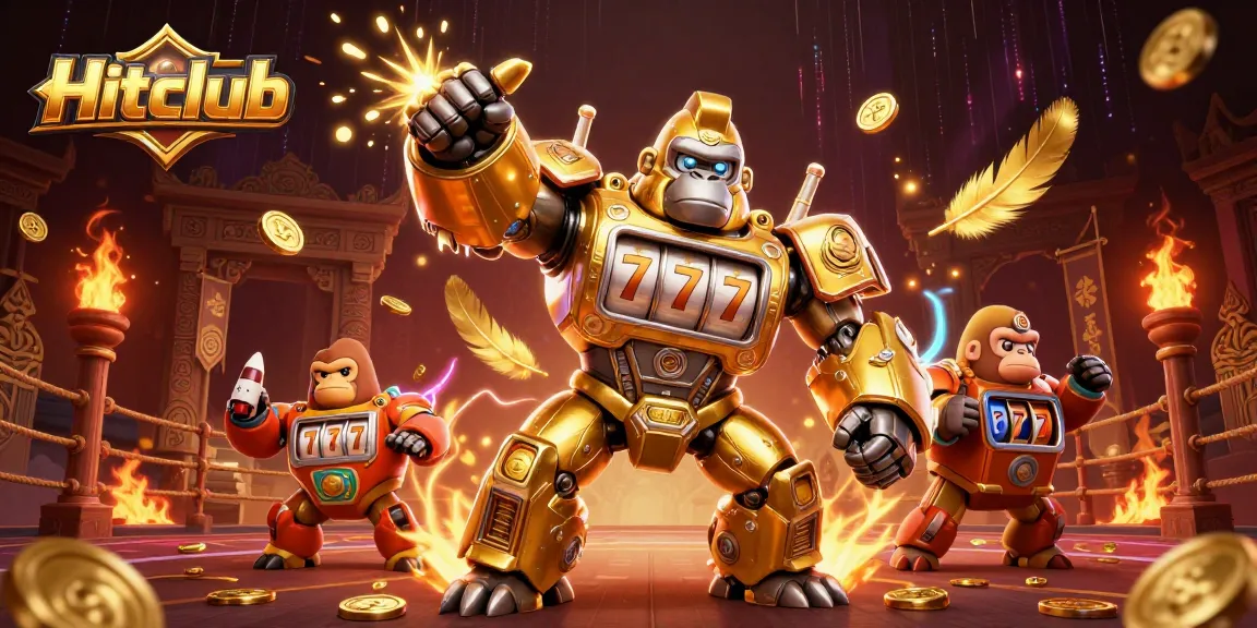 Hitclub offers thrilling gaming adventures with a fierce mech and monkey pilot exploding coins in action.