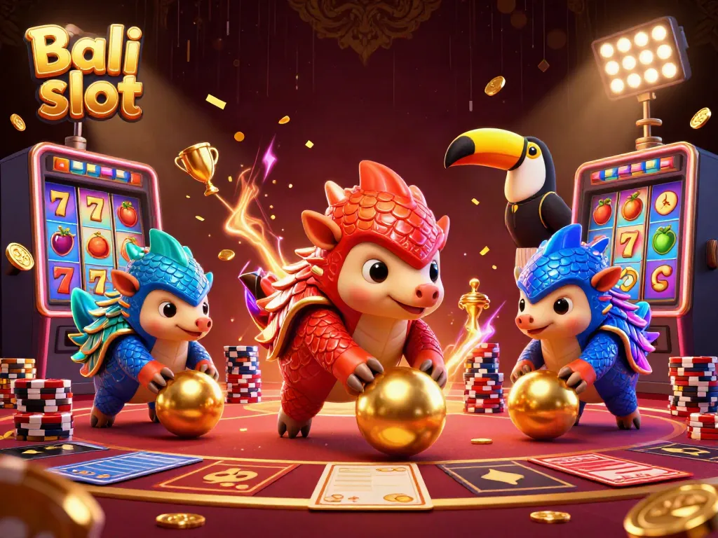 Bali slot scene featuring rival pangolins in action with slot machine reels and casino elements.